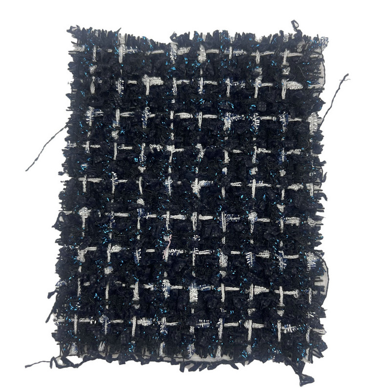 Tecidos de tweed luxuosos azul escuro com mistura metálica azul xadrez para roupas femininas 23511